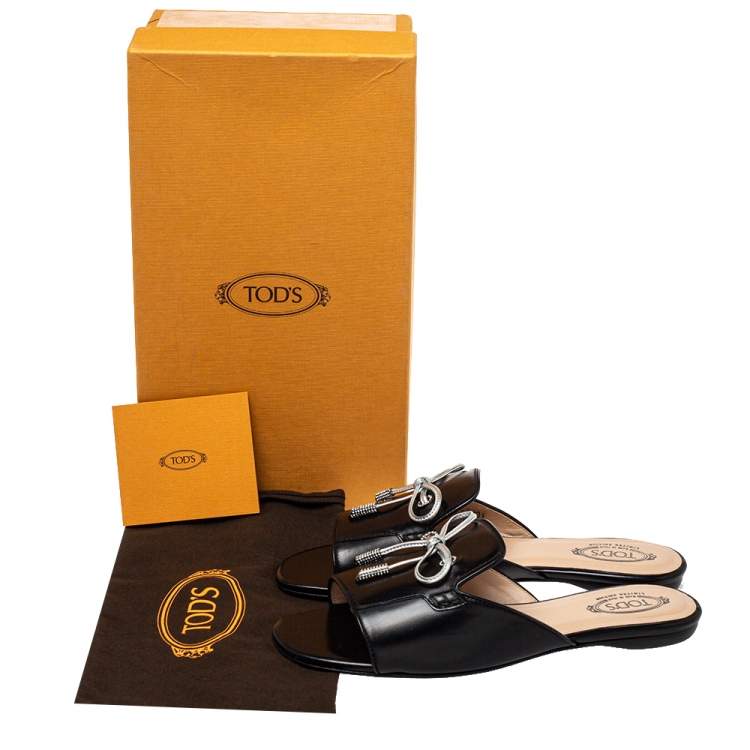 Pre Owned Tod's Black Leather Bow Slide Sandals Size 36.5