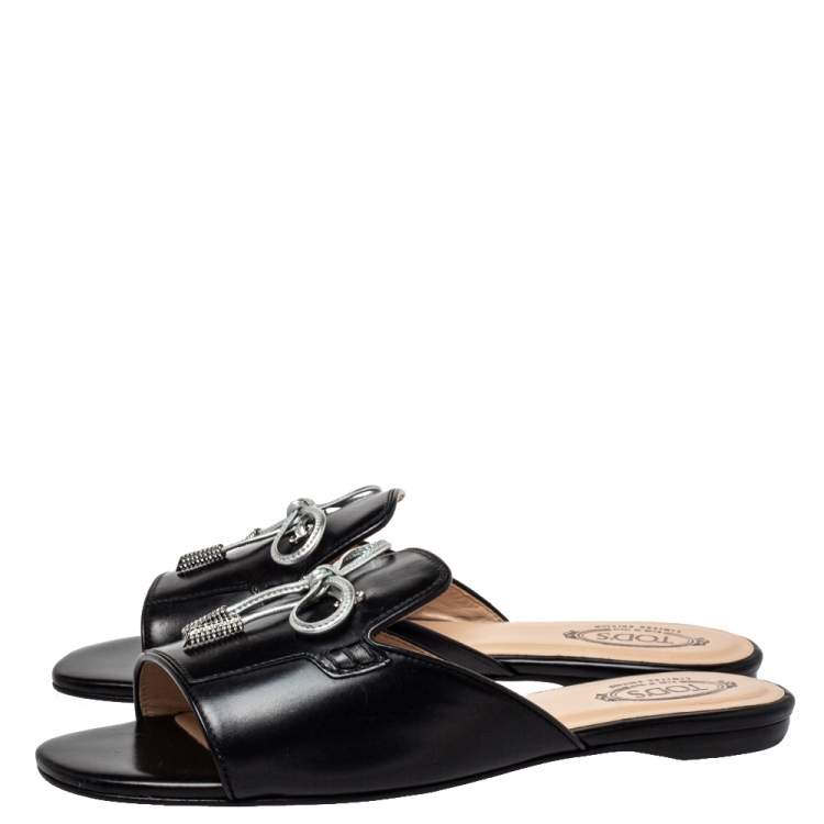 Pre Owned Tod's Black Leather Bow Slide Sandals Size 36.5