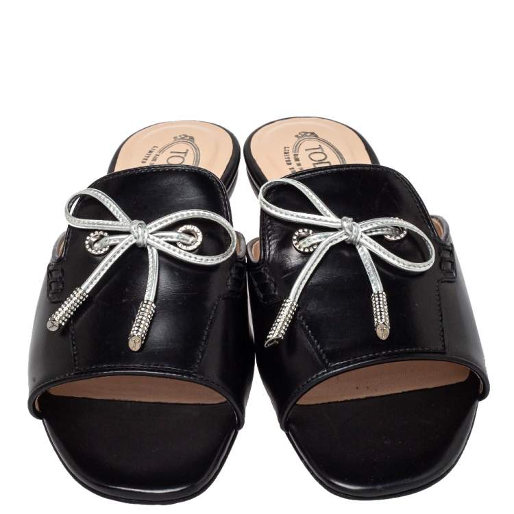 Pre Owned Tod's Black Leather Bow Slide Sandals Size 36.5