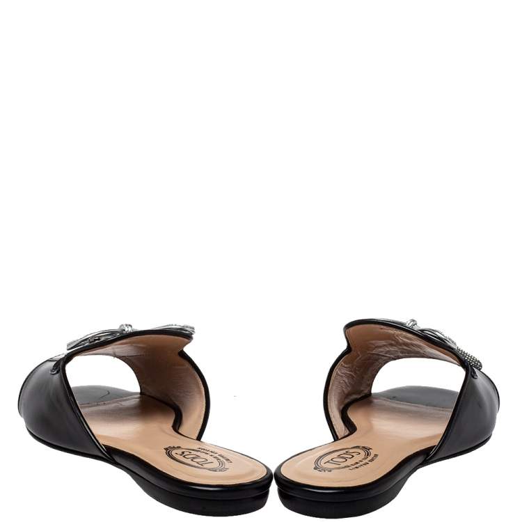 Pre Owned Tod's Black Leather Bow Slide Sandals Size 36.5