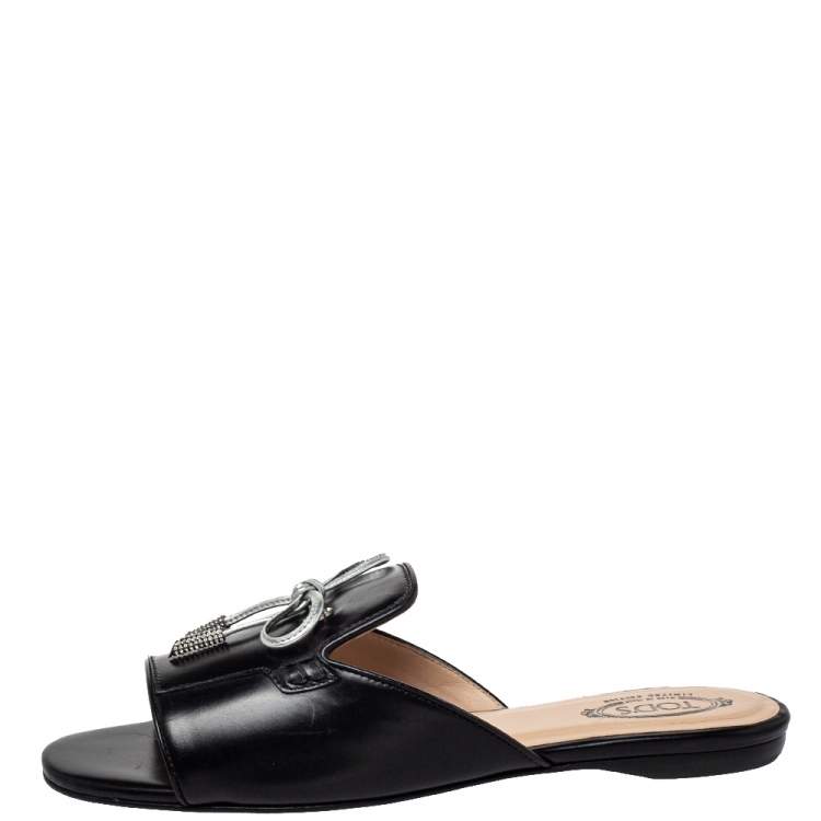 Pre Owned Tod's Black Leather Bow Slide Sandals Size 36.5