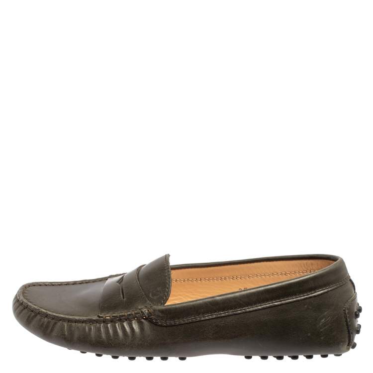 Pre Owned Tod's Olive Green Leather Penny Slip On Loafers Size 37