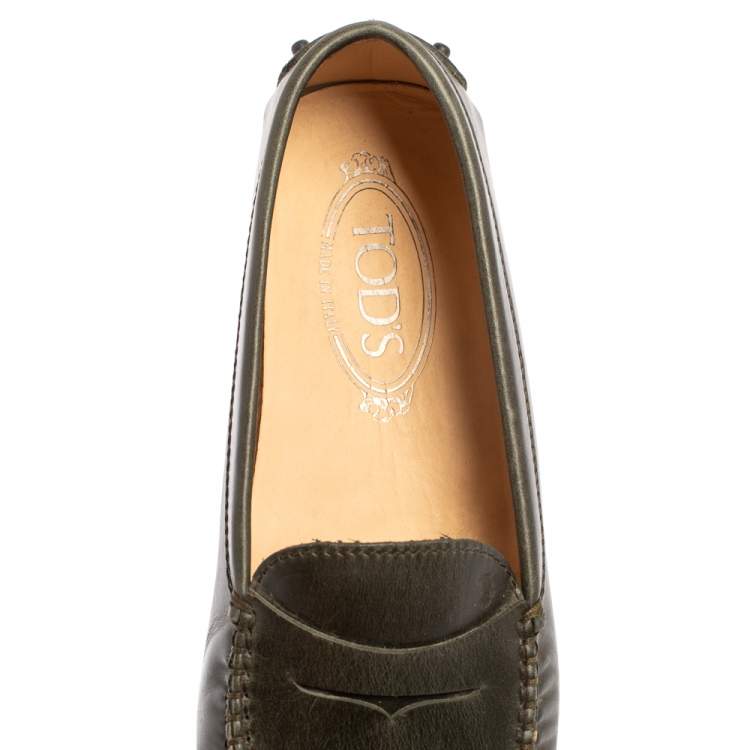 Pre Owned Tod's Olive Green Leather Penny Slip On Loafers Size 37