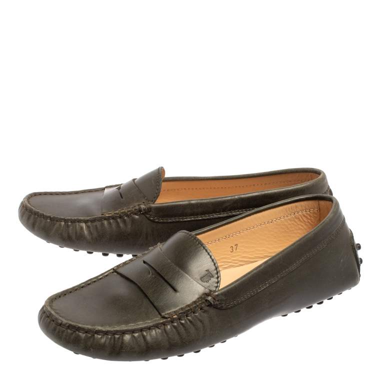 Pre Owned Tod's Olive Green Leather Penny Slip On Loafers Size 37