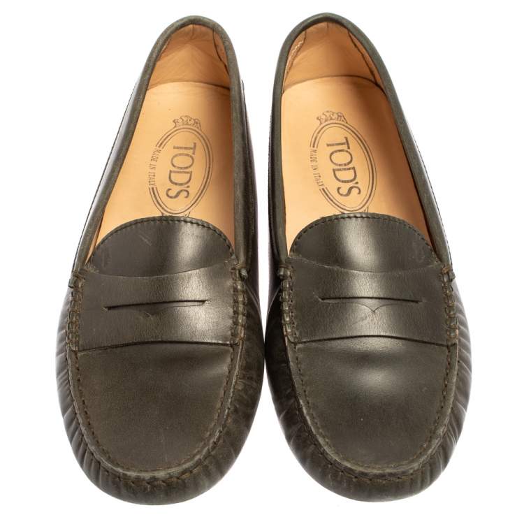 Pre Owned Tod's Olive Green Leather Penny Slip On Loafers Size 37