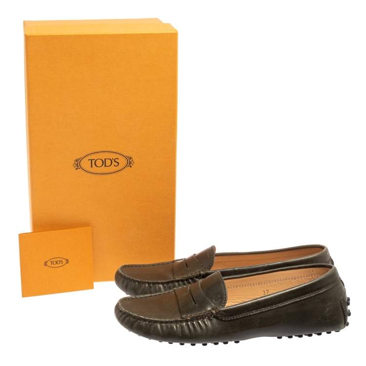 Pre Owned Tod's Olive Green Leather Penny Slip On Loafers Size 37