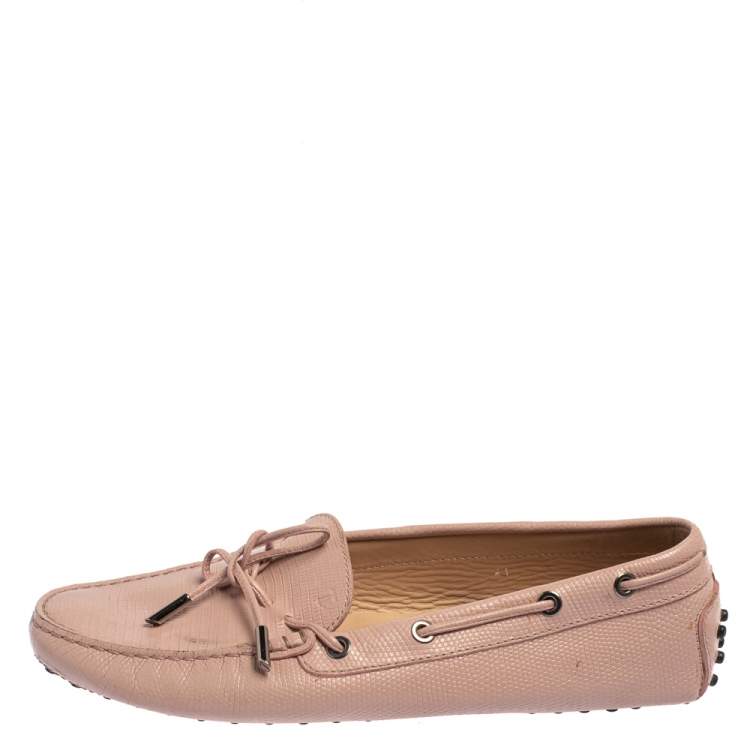 Pre Owned Tod's Pink Lizard Embossed Leather Slip On  Loafers Size 41