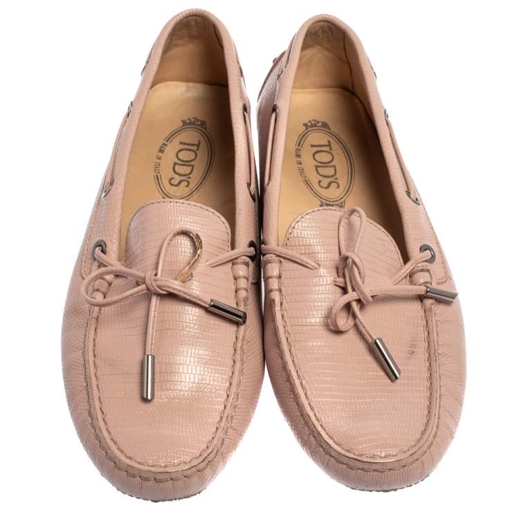 Pre Owned Tod's Pink Lizard Embossed Leather Slip On  Loafers Size 41