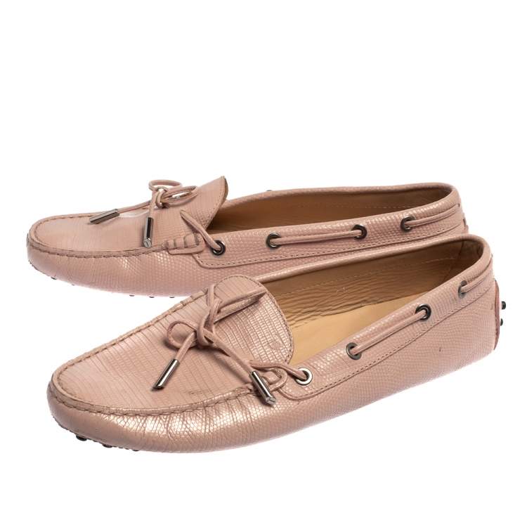 Pre Owned Tod's Pink Lizard Embossed Leather Slip On  Loafers Size 41