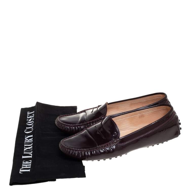 Pre Owned Tod's Burgundy Patent Leather Driving Penny Loafers Size 37.5 