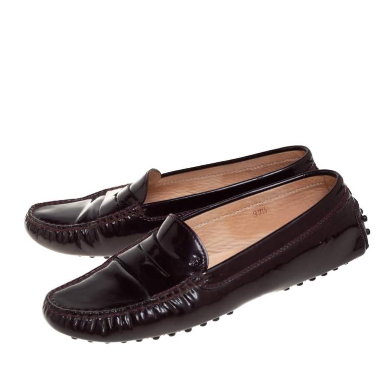 Pre Owned Tod's Burgundy Patent Leather Driving Penny Loafers Size 37.5 
