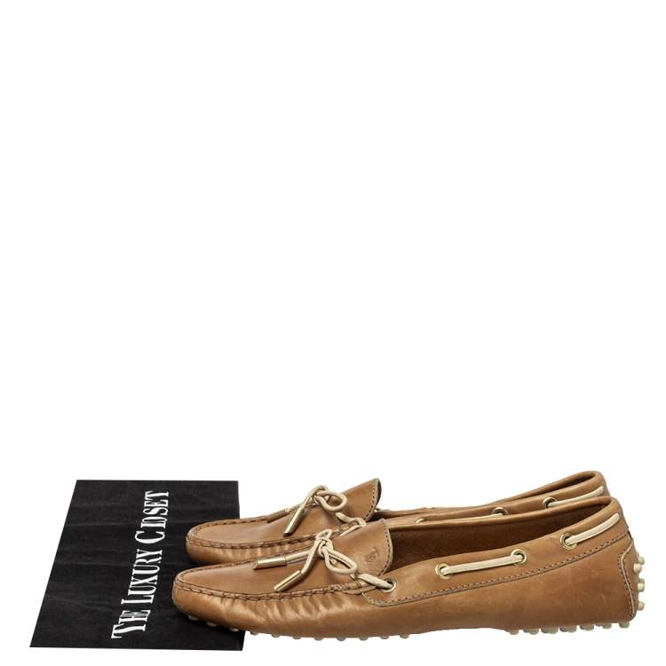 Pre Owned Tod's Brown Leather Bow Slip On  Loafers Size 38.5