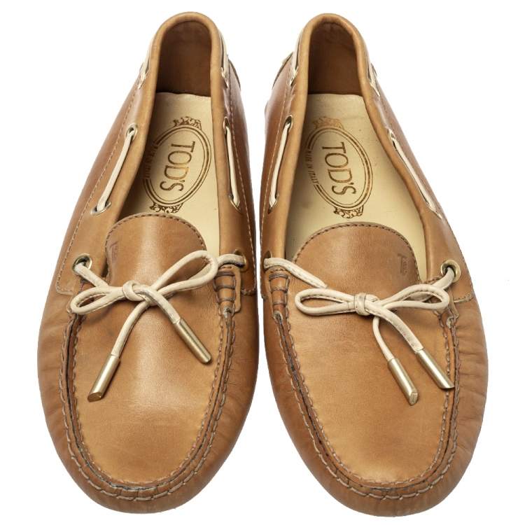 Pre Owned Tod's Brown Leather Bow Slip On  Loafers Size 38.5