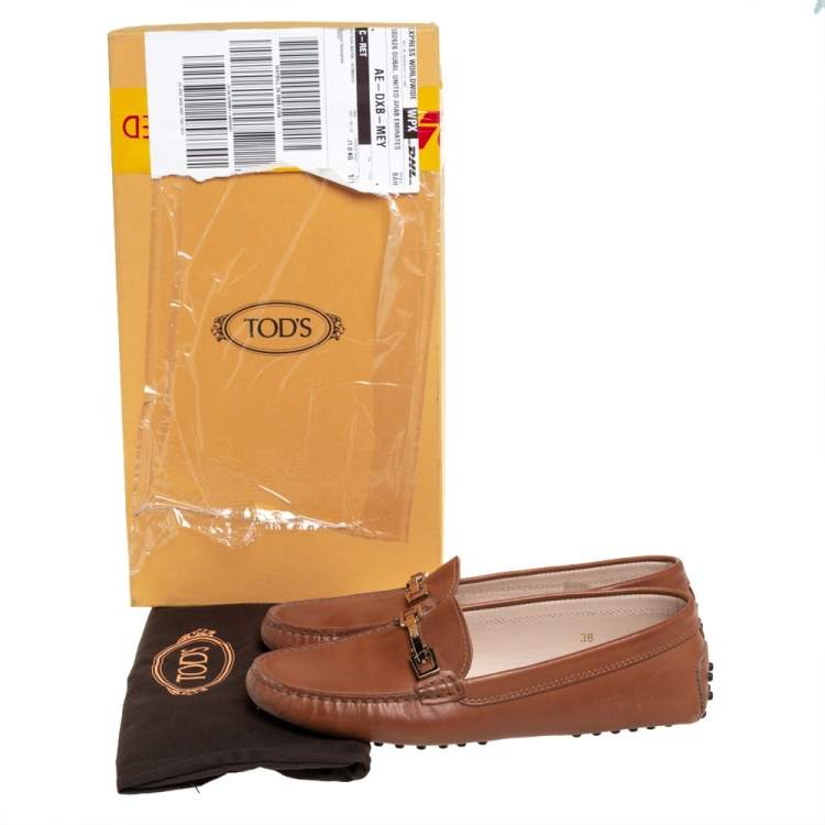 Pre Owned Tod's Tan Leather Buckle Slip on Loafers Size 38