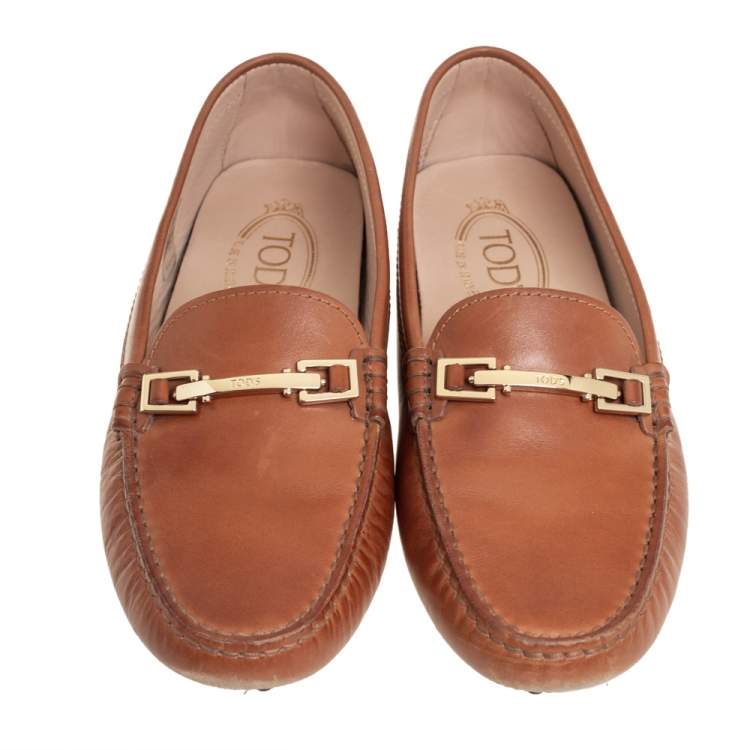 Pre Owned Tod's Tan Leather Buckle Slip on Loafers Size 38