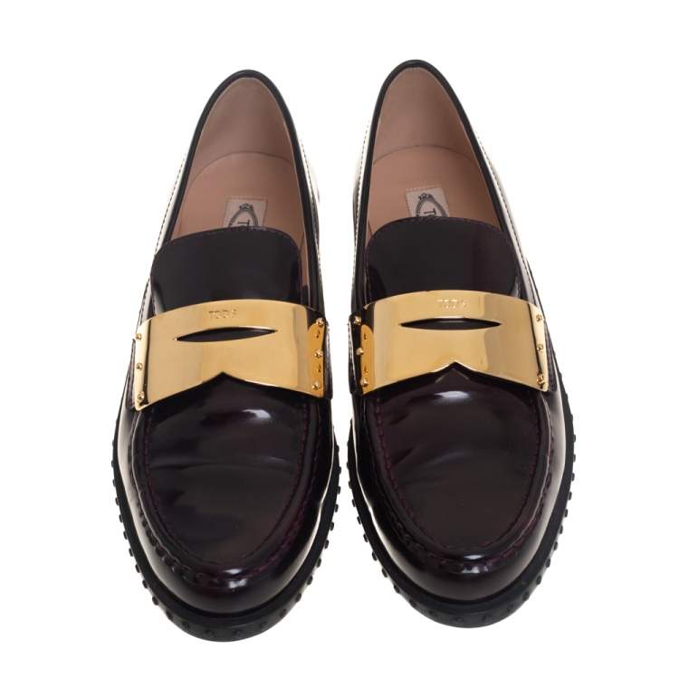 Pre Owned Tod's Purple Patent Leather Metal Penny Loafers Size 41