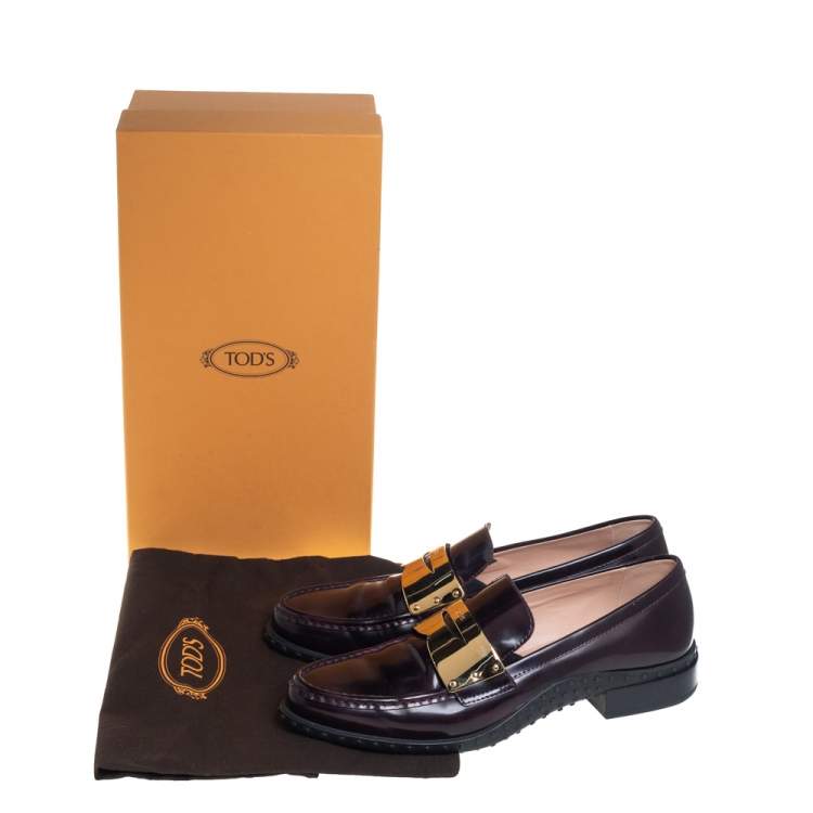 Pre Owned Tod's Purple Patent Leather Metal Penny Loafers Size 41
