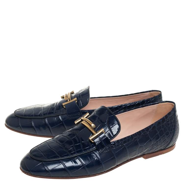 Pre Owned Tod's Blue Crocodile Embossed Double T Slip On Loafers Size 40
