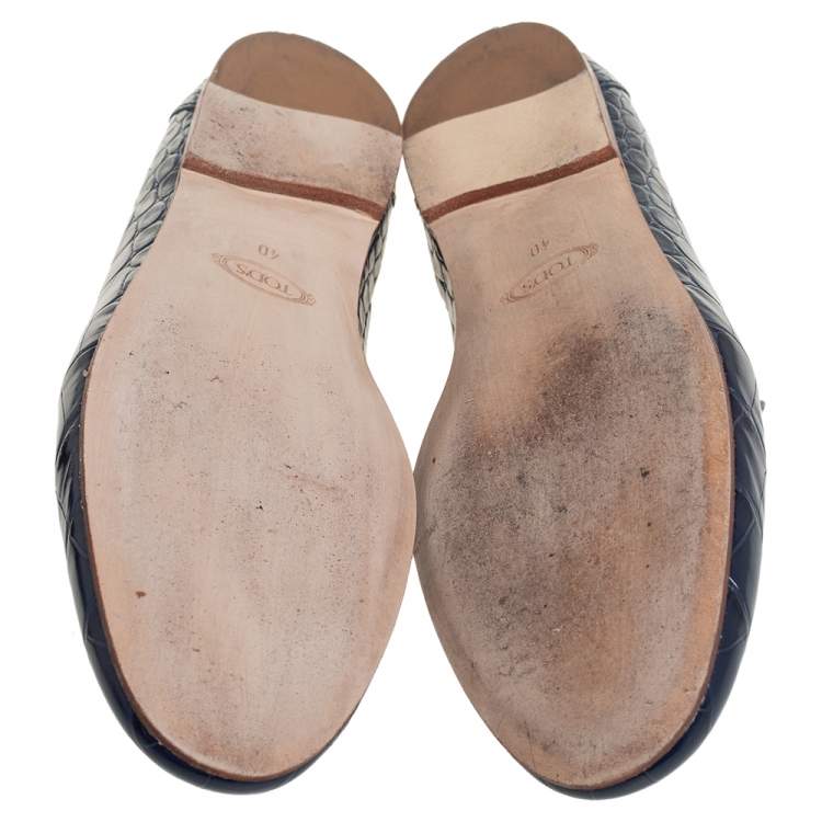 Pre Owned Tod's Blue Crocodile Embossed Double T Slip On Loafers Size 40