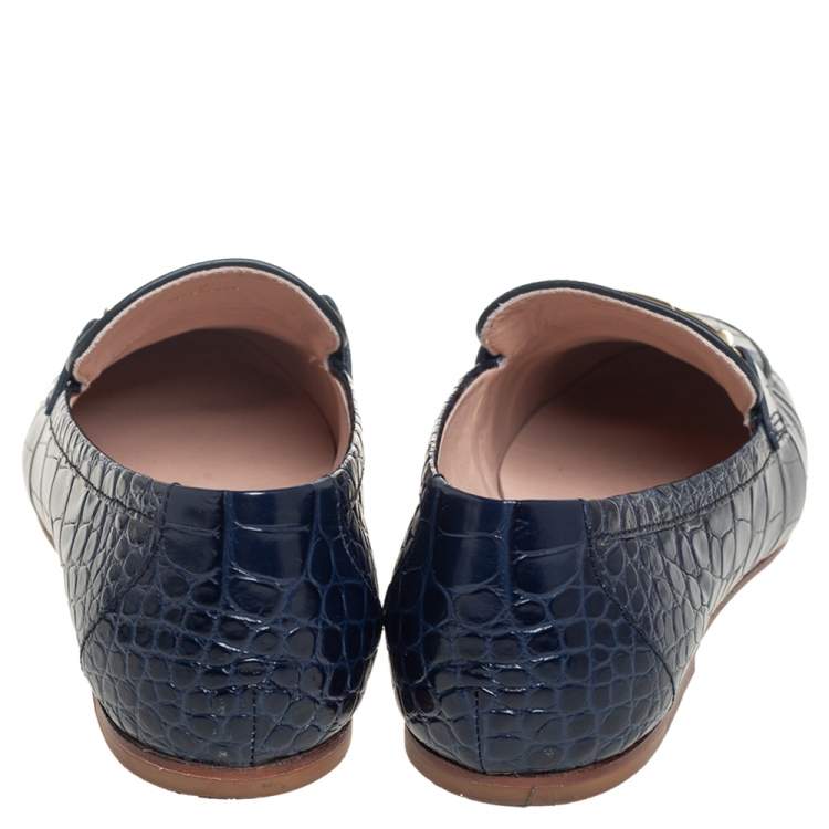 Pre Owned Tod's Blue Crocodile Embossed Double T Slip On Loafers Size 40