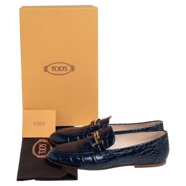 Pre Owned Tod's Blue Crocodile Embossed Double T Slip On Loafers Size 40