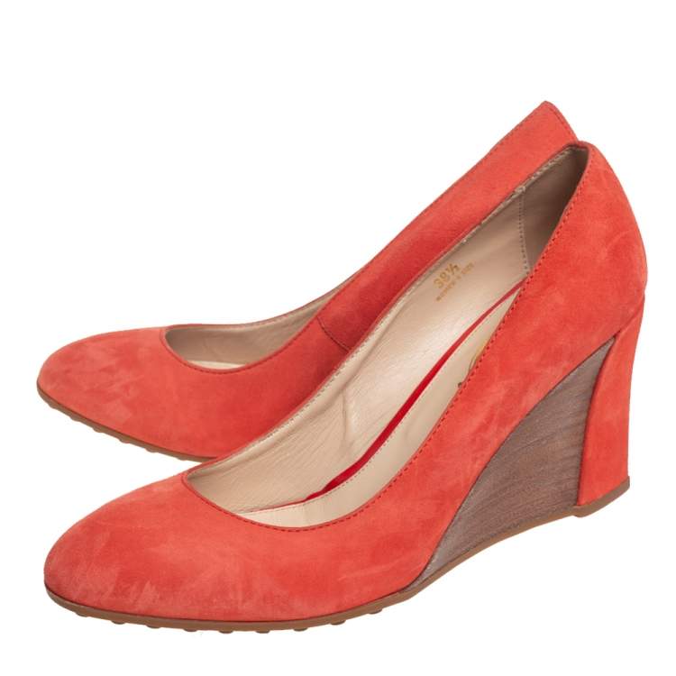 Pre Owned Tod's Orange Suede Wedge Pumps Size 38.5