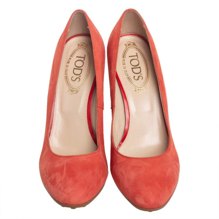 Pre Owned Tod's Orange Suede Wedge Pumps Size 38.5