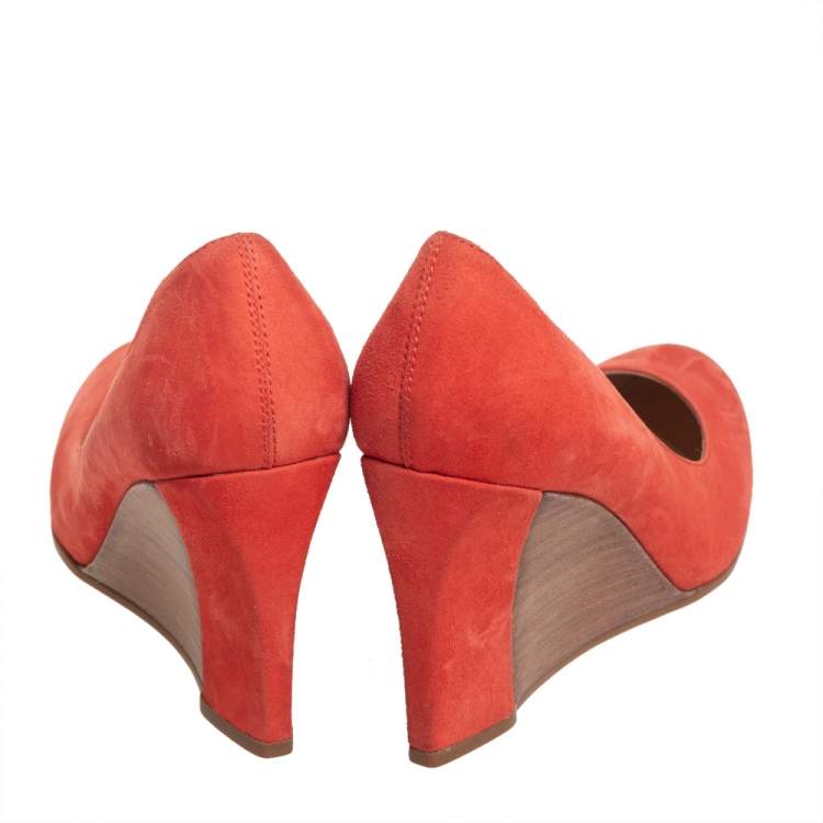 Pre Owned Tod's Orange Suede Wedge Pumps Size 38.5