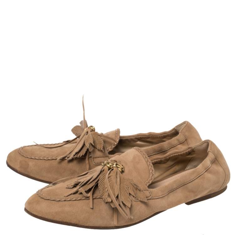 Pre Owned Tod's Beige Suede Tassel Loafers Size 39