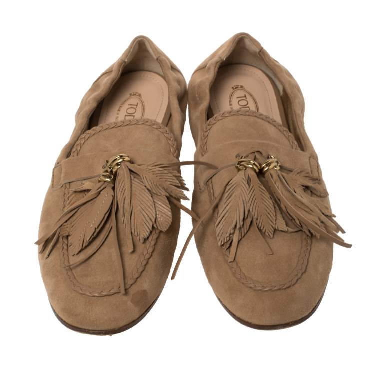 Pre Owned Tod's Beige Suede Tassel Loafers Size 39