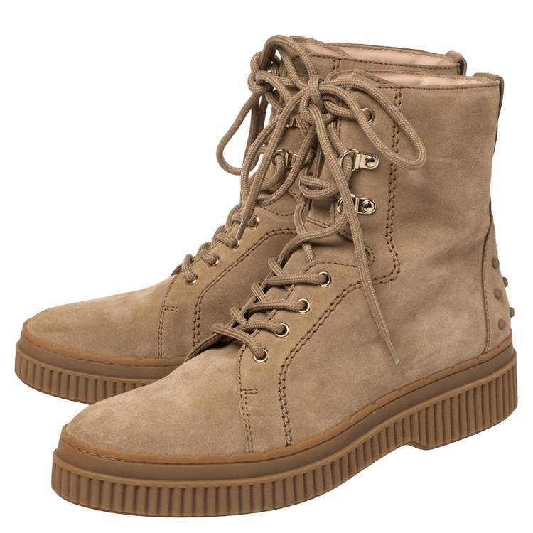 Pre Owned Tod's Beige Suede Lace Up Mid Calf Boots Size 41