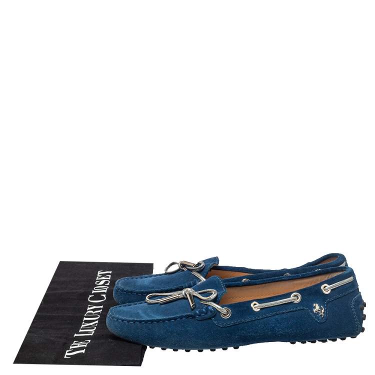Pre Owned Tod's for Ferrari Blue Suede Gommino Bow Slip On Loafers Size 36