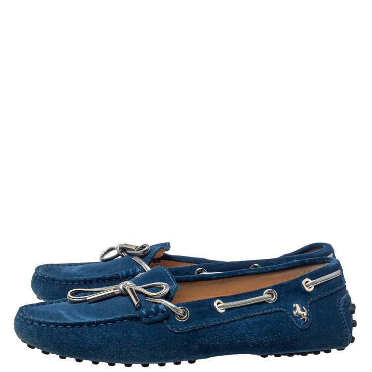 Pre Owned Tod's for Ferrari Blue Suede Gommino Bow Slip On Loafers Size 36