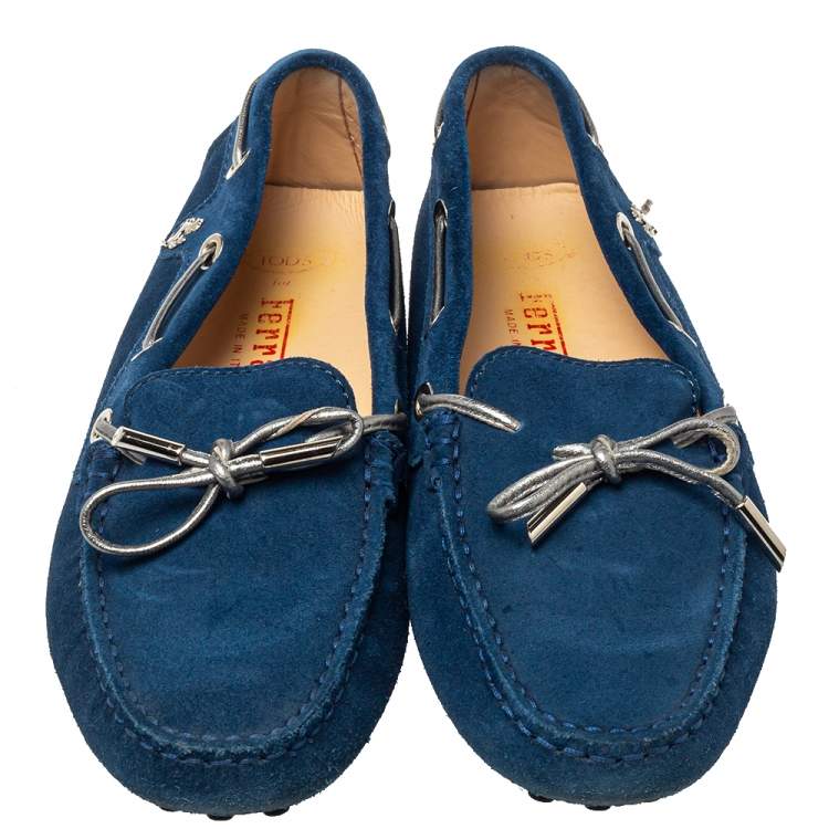 Pre Owned Tod's for Ferrari Blue Suede Gommino Bow Slip On Loafers Size 36