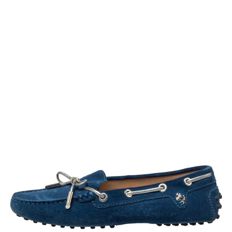 Pre Owned Tod's for Ferrari Blue Suede Gommino Bow Slip On Loafers Size 36