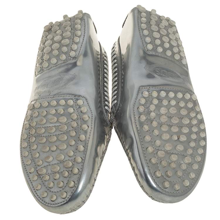 Pre Owned Tod's Metallic Silver Leather Whipstitch Detail Penny Slip On Loafers Size 35