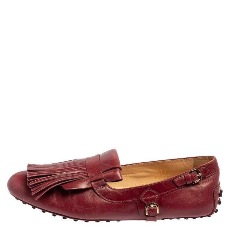 Pre Owned Tod's Burgundy Leather Fringed Loafers Size 37.5