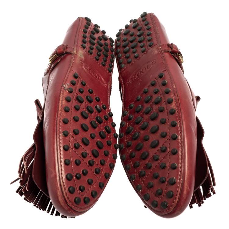 Pre Owned Tod's Burgundy Leather Fringed Loafers Size 37.5