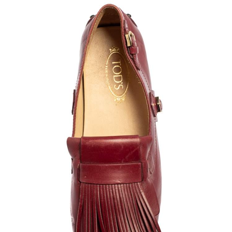 Pre Owned Tod's Burgundy Leather Fringed Loafers Size 37.5