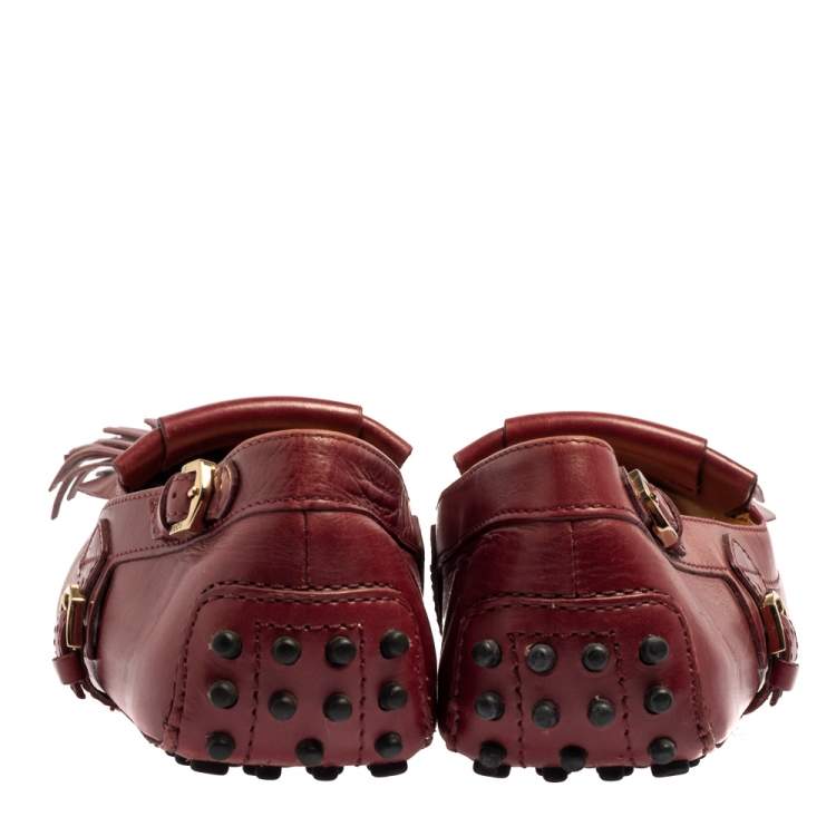 Pre Owned Tod's Burgundy Leather Fringed Loafers Size 37.5