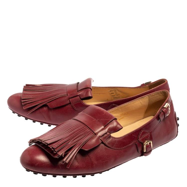 Pre Owned Tod's Burgundy Leather Fringed Loafers Size 37.5