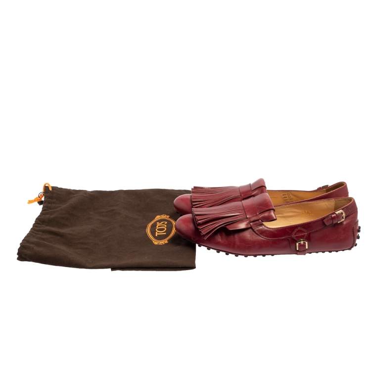 Pre Owned Tod's Burgundy Leather Fringed Loafers Size 37.5