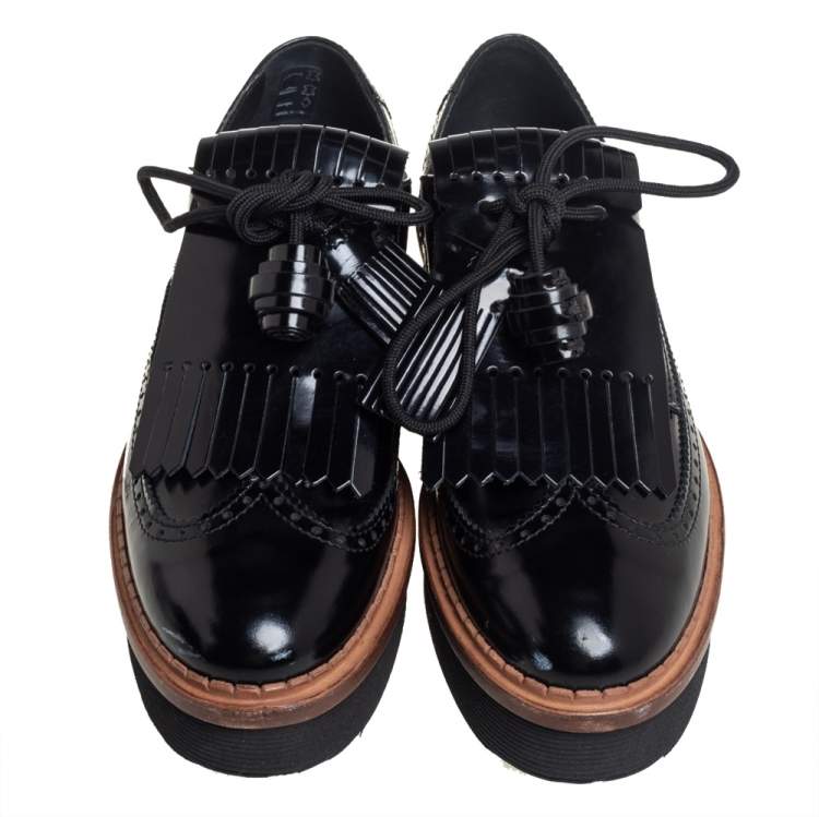 Pre Owned Tod's Black Brogue Leather Fringe And Tassel Platform Derby Size 36.5