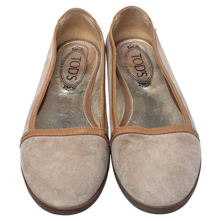 Pre Owned Tod's Brown/Beige Suede Ballet Flats Size 38.5