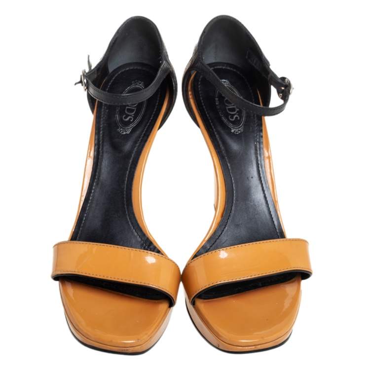 Pre Owned Tod's Brown Patent Leather Wedge Ankle Strap Sandals Size 38