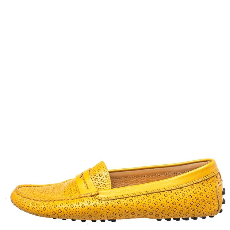 Pre Owned Tod's Yellow Lasercut Leather Gommino Driving Loafers Size 38