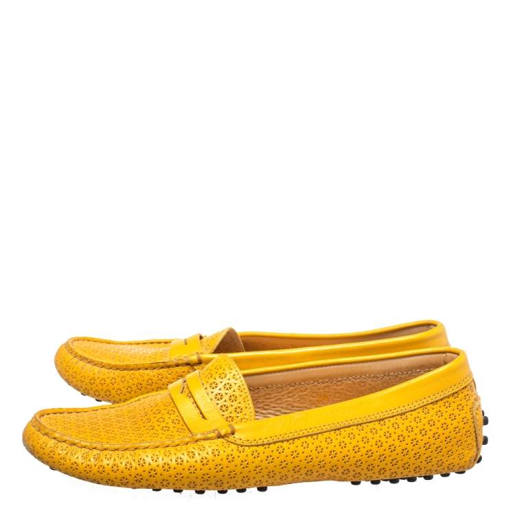Pre Owned Tod's Yellow Lasercut Leather Gommino Driving Loafers Size 38