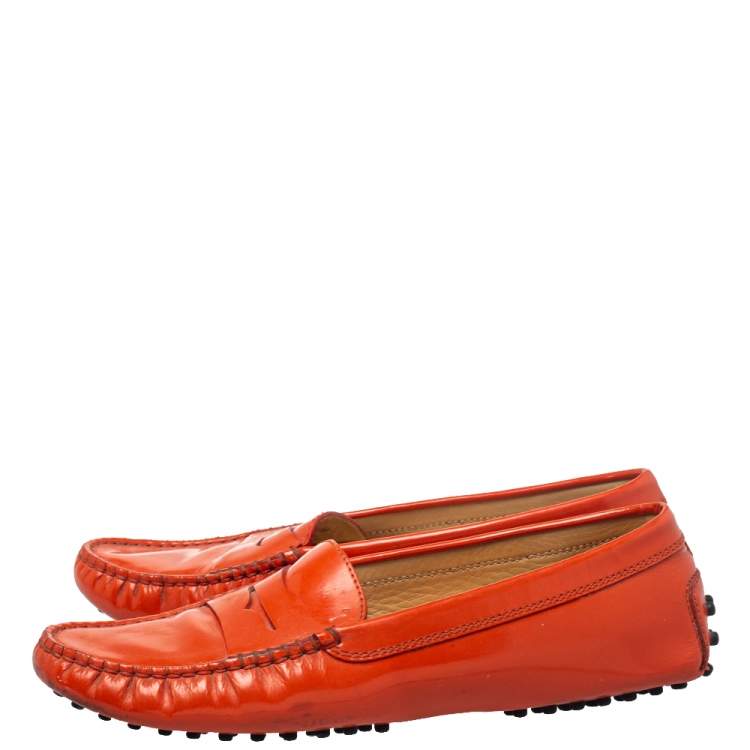 Pre Owned Tod's  Orange Patent Leather Gommino Penny Loafers Size 38
