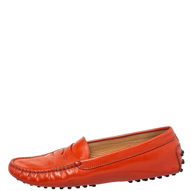 Pre Owned Tod's  Orange Patent Leather Gommino Penny Loafers Size 38