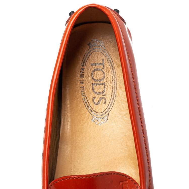 Pre Owned Tod's  Orange Patent Leather Gommino Penny Loafers Size 38